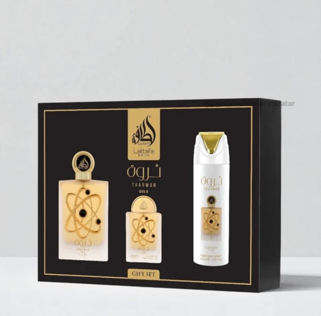 SET THARWAH GOLD WOMEN - 3 Piece Eau De Parfum Gift Set BY LATTAFA PRIDE