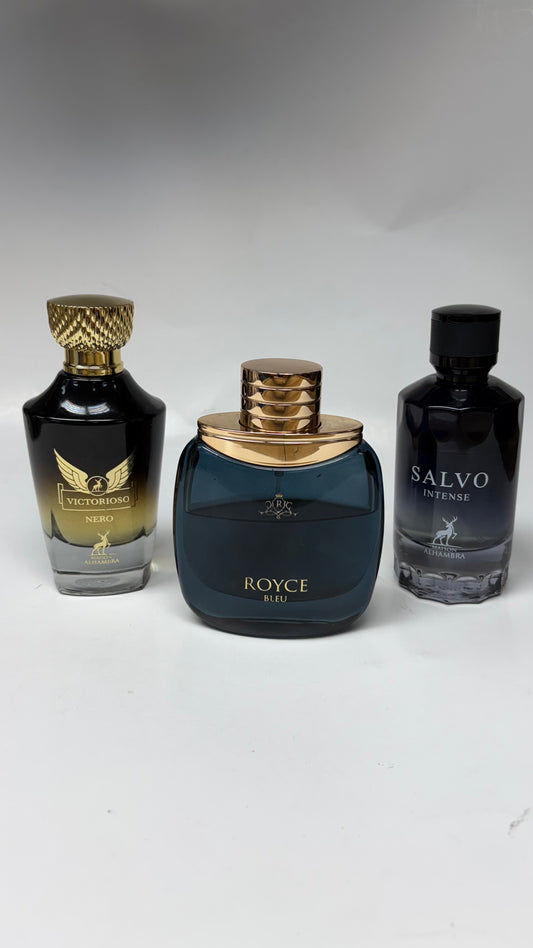 Tres Perfumes Árabes de Alta Calidad para Caballeros.Salvo Intense,Victorioso Nero By Maison Alhambra,Royce Blue by Vurv Parfums